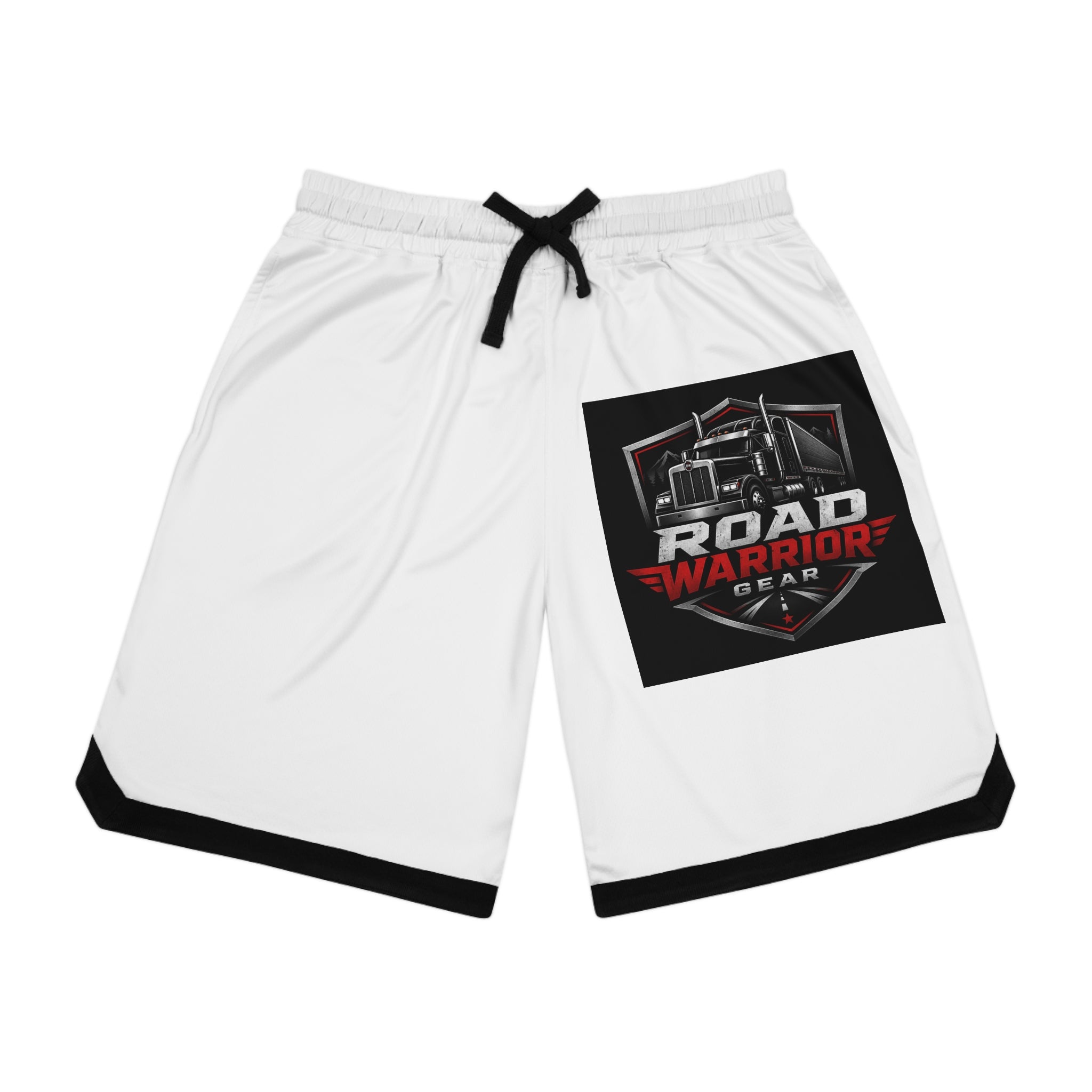 Road Warrior Gear Basketball Shorts — White Athletic Rib Shorts with Truck Logo
